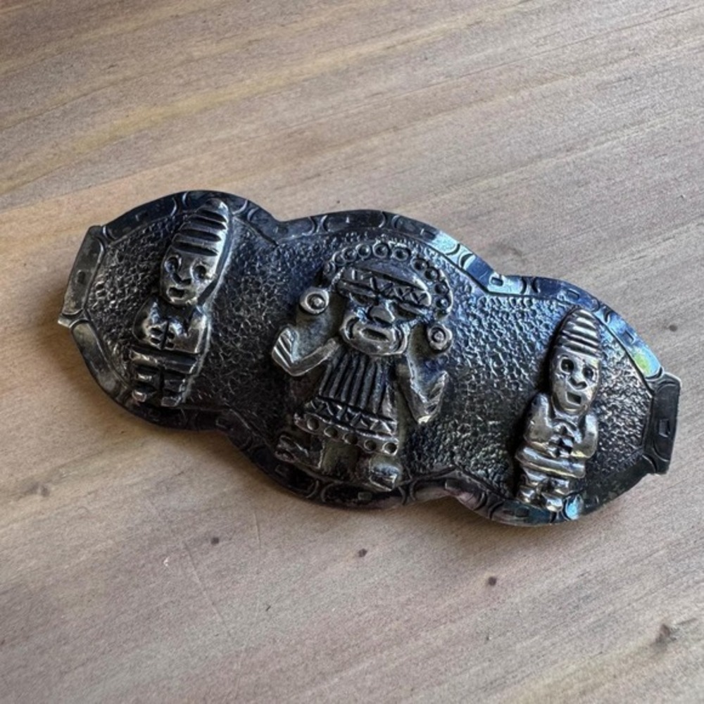 Vintage Peru 900 Silver Brooch Pre-Columbian Incan Deity Figures Leaf Hallmark